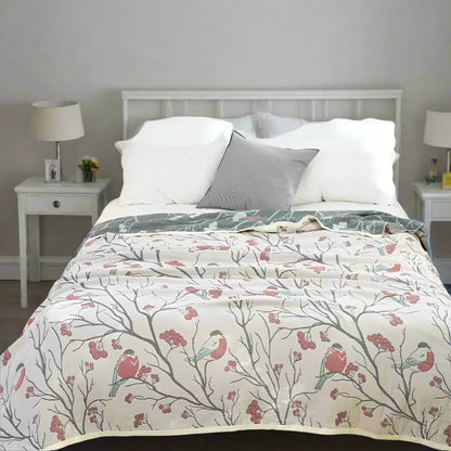 Red 100% Cotton Bird & Floral Bedspread / Sofa Throw Kingsize