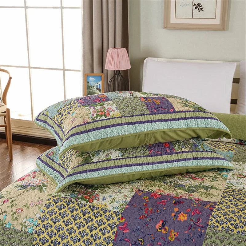 Green Vintage Style Patchwork 100% Cotton 3 Piece Bedspread Set