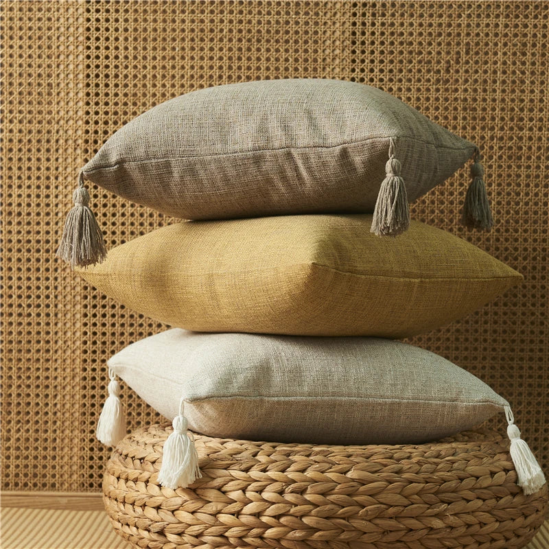 Nordic Style Linen Cushion Covers With Tassels - 45x45 (18inx18in)