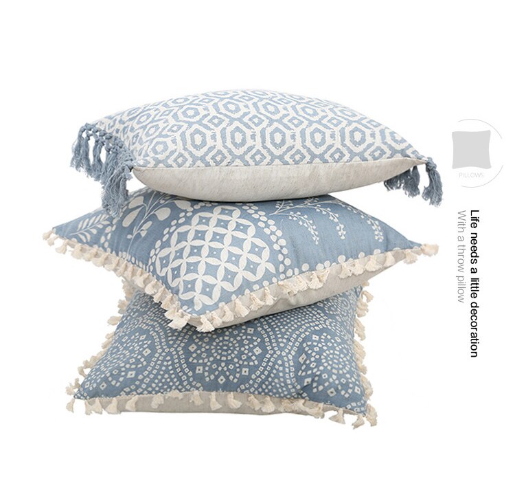 Boho White & Blue Vintage Style Cushion Covers With Tassles