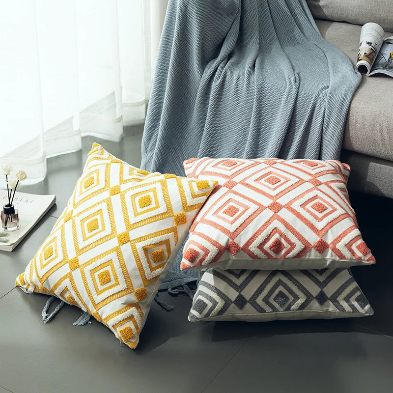 Nordic Cool Geometric Embroidered Cushion Cover - Various Colours - 18inx18in