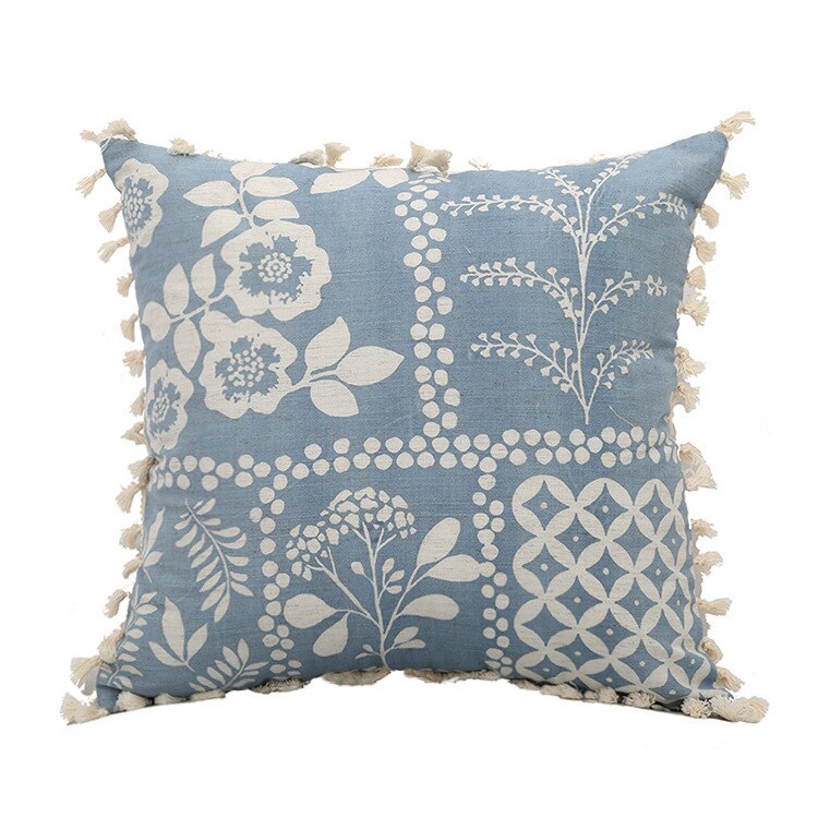 Boho White & Blue Vintage Style Cushion Covers With Tassles