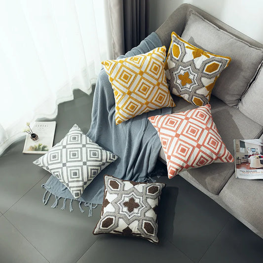 Nordic Cool Geometric Embroidered Cushion Cover - Various Colours - 18inx18in