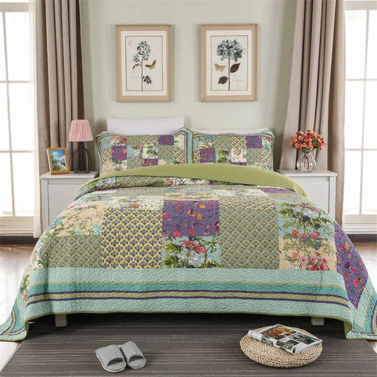 Green Vintage Style Patchwork 100% Cotton 3 Piece Bedspread Set