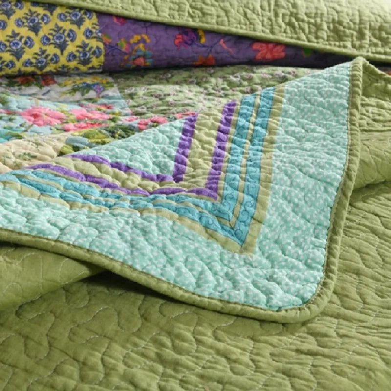 Green Vintage Style Patchwork 100% Cotton 3 Piece Bedspread Set