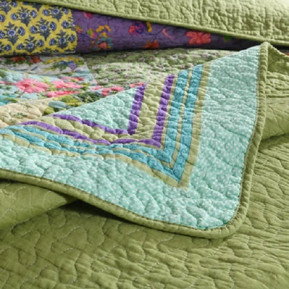 Green Vintage Style Patchwork 100% Cotton 3 Piece Bedspread Set