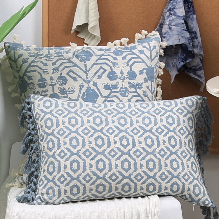 Boho White & Blue Vintage Style Cushion Covers With Tassles