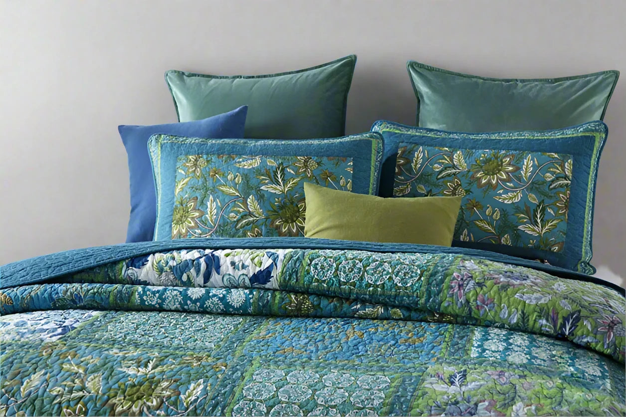 Blue & Green Patchwork Bedspread Set (3 Pieces) 100% Cotton