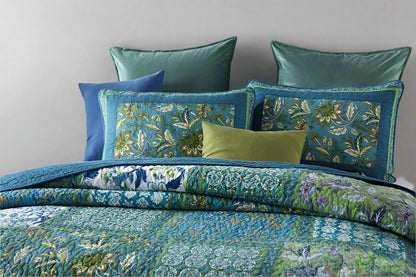 Blue & Green Patchwork Bedspread Set (3 Pieces) 100% Cotton