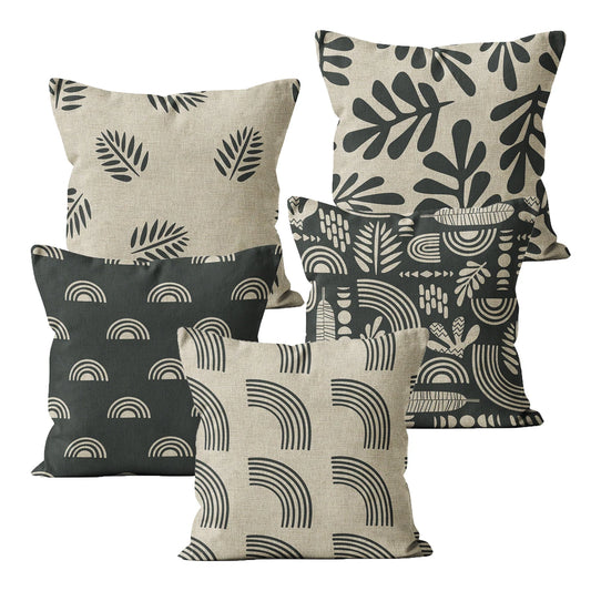 Nordic Linen & Black Cushion Covers - Leaves & Geometric Prints