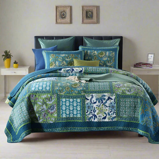 Blue & Green Patchwork Bedspread Set (3 Pieces) 100% Cotton