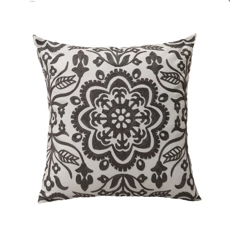 Scandinavian Grey Floral Geometric Embroidered Cushion Cover