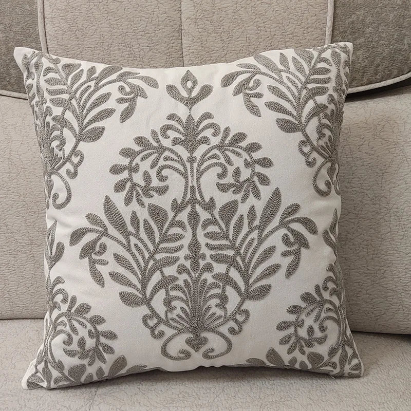 Scandinavian Grey Floral Geometric Embroidered Cushion Cover