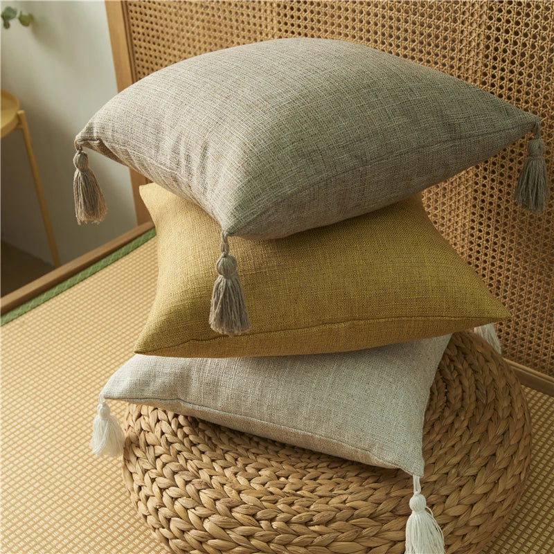 Nordic Style Linen Cushion Covers With Tassels - 45x45 (18inx18in)