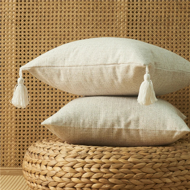 Nordic Style Linen Cushion Covers With Tassels - 45x45 (18inx18in)