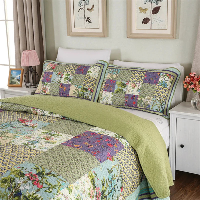 Green Vintage Style Patchwork 100% Cotton 3 Piece Bedspread Set
