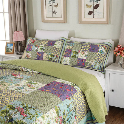 Green Vintage Style Patchwork 100% Cotton 3 Piece Bedspread Set