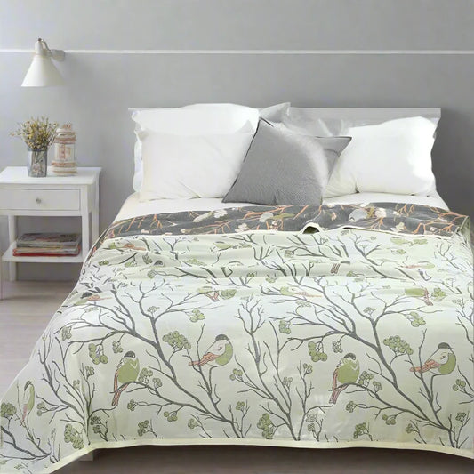 Green 100% Cotton Bird & Floral Bedspread / Sofa Throw Kingsize