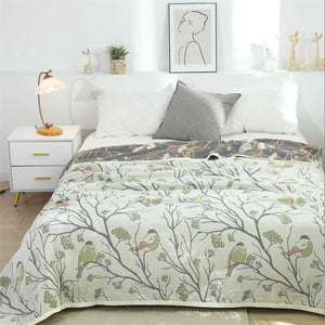 Green 100% Cotton Bird & Floral Bedspread / Sofa Throw Kingsize