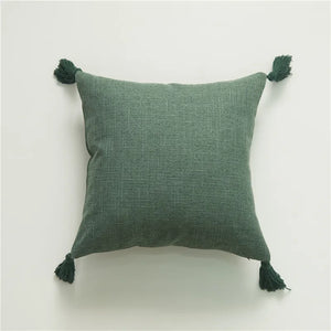 Green Nordic Style Linen Cushion Covers With Tassels - 45x45 (18inx18in)
