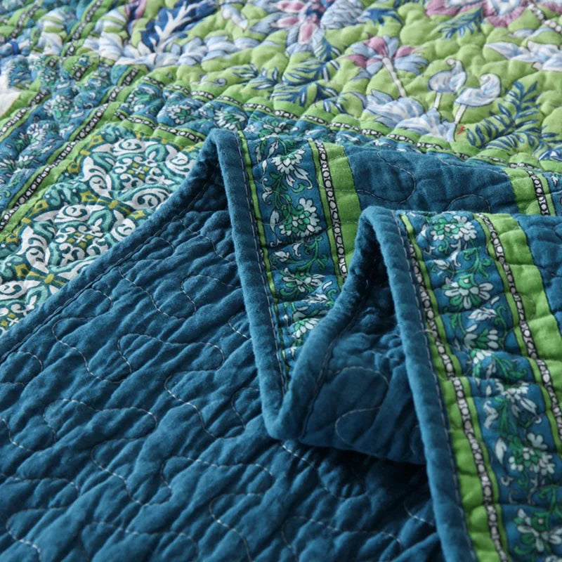 Blue & Green Patchwork Bedspread Set (3 Pieces) 100% Cotton