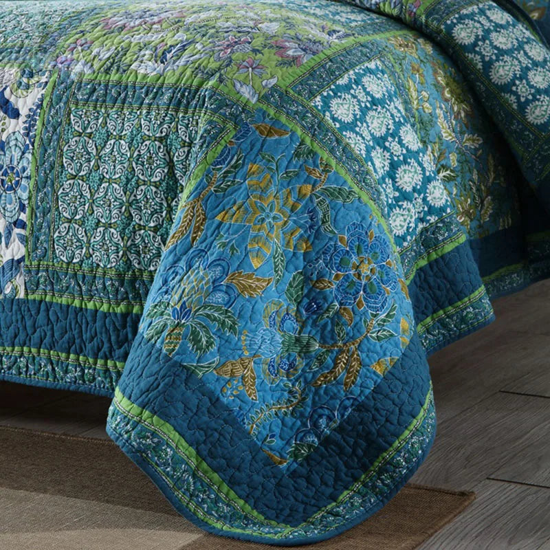 Blue & Green Patchwork Bedspread Set (3 Pieces) 100% Cotton