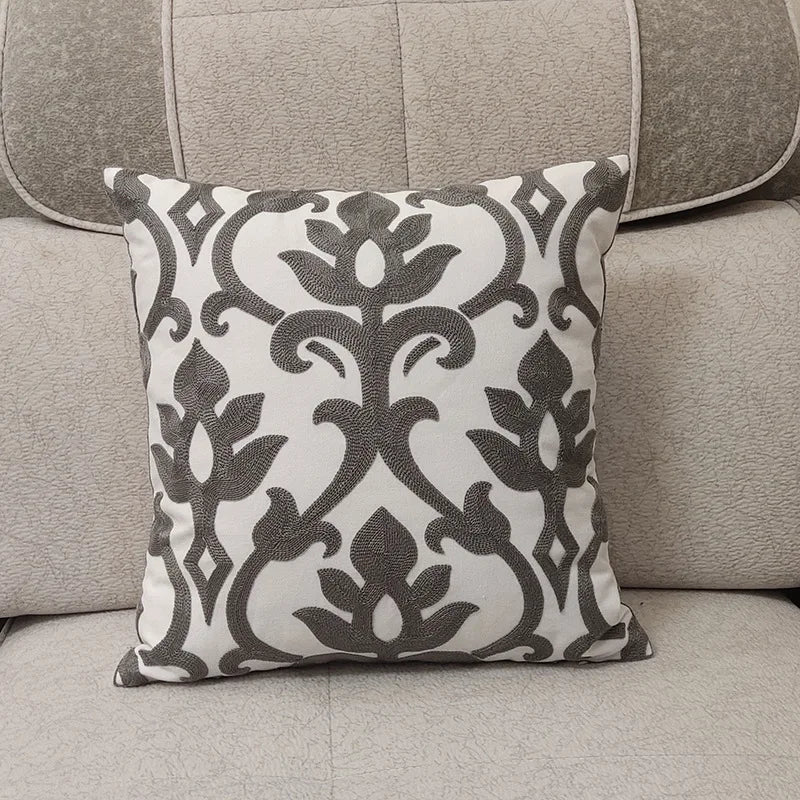 Scandinavian Grey Floral Geometric Embroidered Cushion Cover