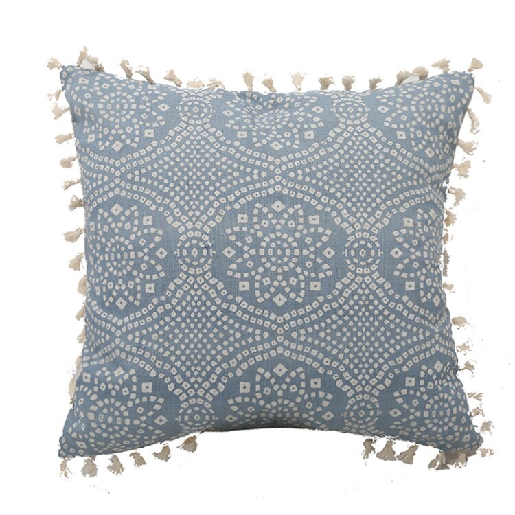 Boho White & Blue Vintage Style Cushion Covers With Tassles