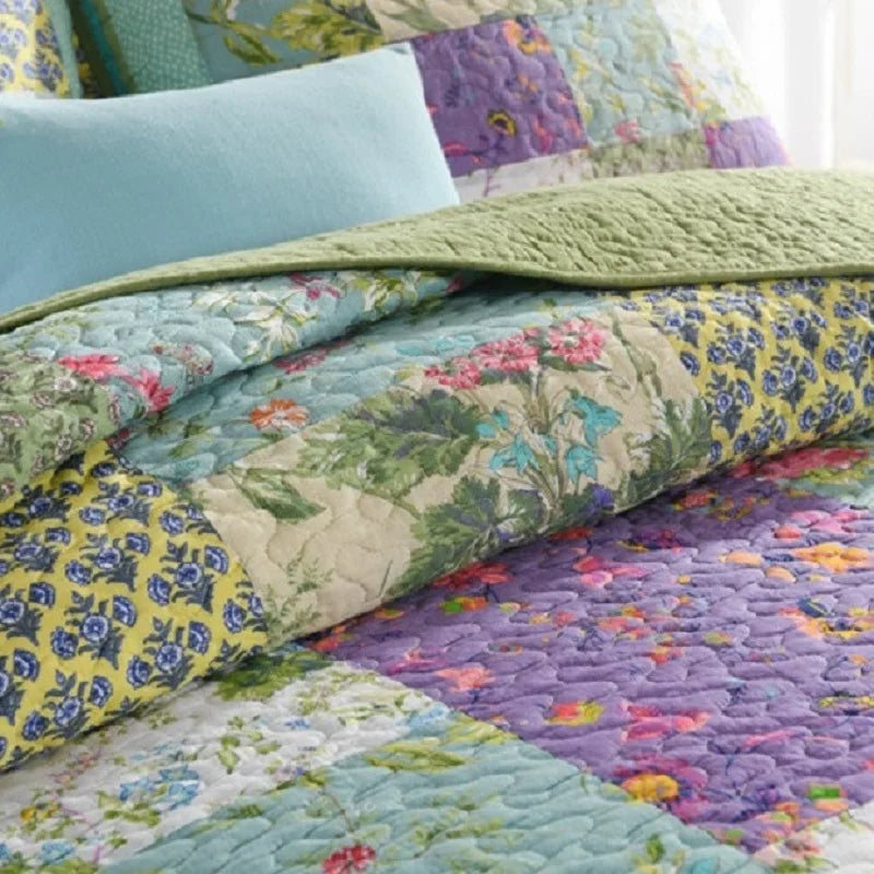 Green Vintage Style Patchwork 100% Cotton 3 Piece Bedspread Set