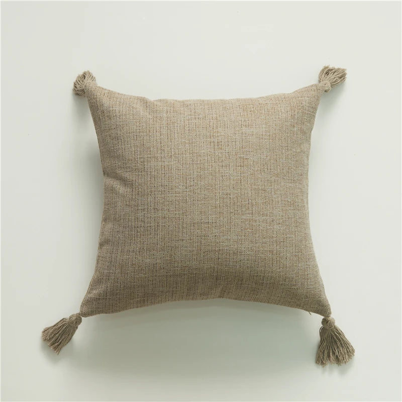 Beige Nordic Style Linen Cushion Covers With Tassels - 45x45 (18inx18in)