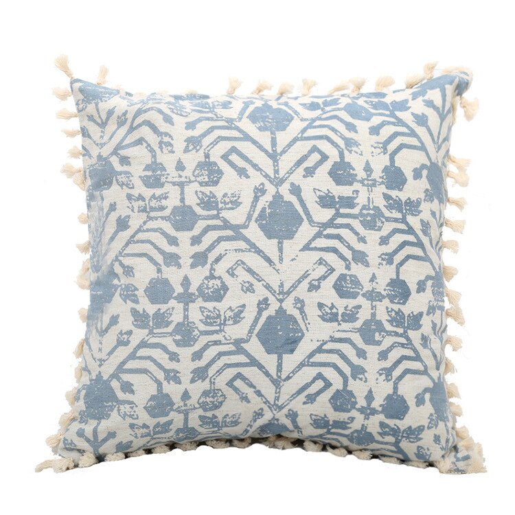 Boho White & Blue Vintage Style Cushion Covers With Tassles