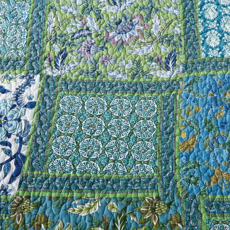 Blue & Green Patchwork Bedspread Set (3 Pieces) 100% Cotton