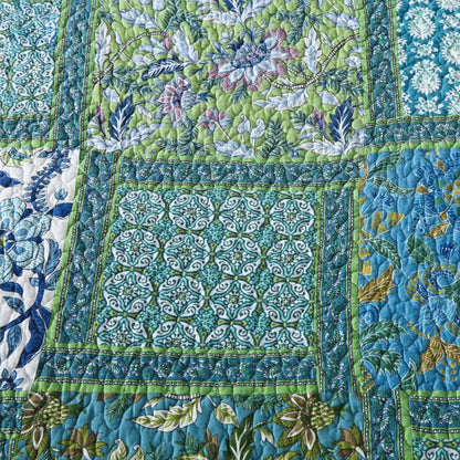 Blue & Green Patchwork Bedspread Set (3 Pieces) 100% Cotton