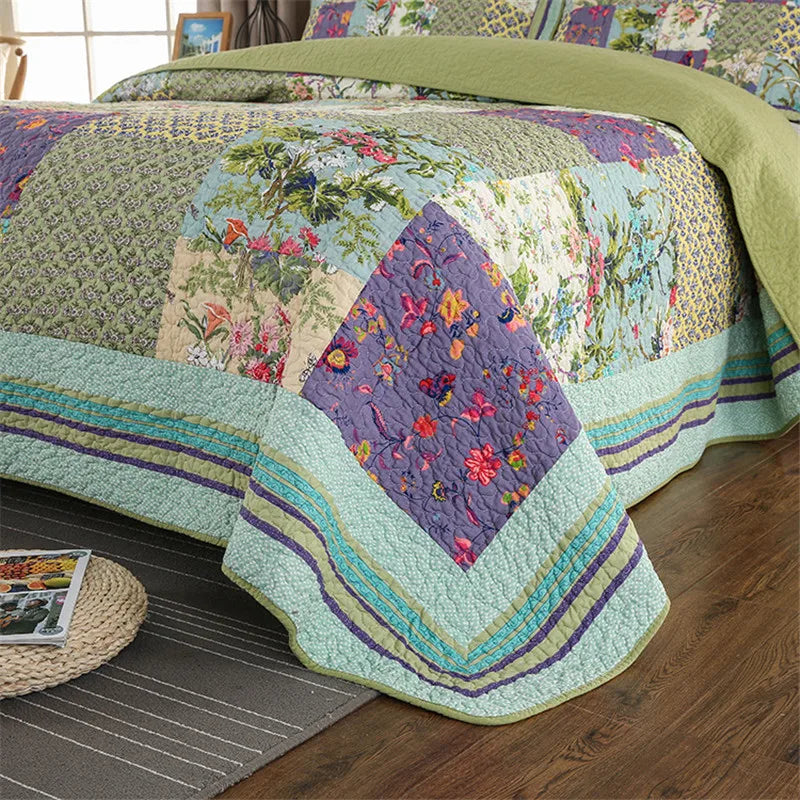 Green Vintage Style Patchwork 100% Cotton 3 Piece Bedspread Set
