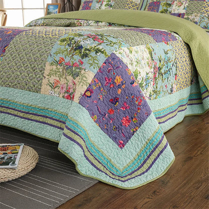 Green Vintage Style Patchwork 100% Cotton 3 Piece Bedspread Set