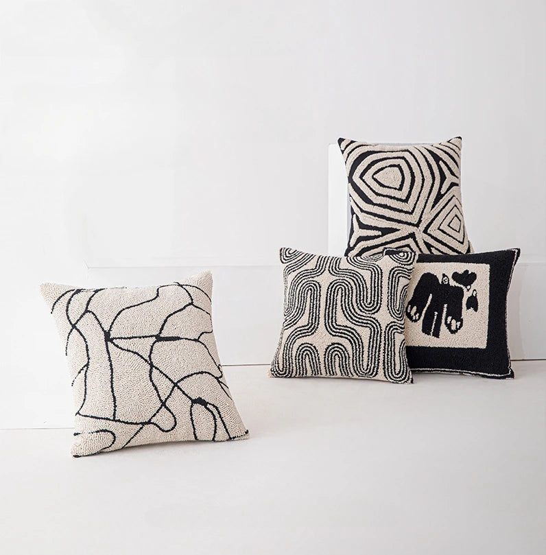 Abstract Art Embroidered Cotton Cushion Covers in Black & Off-White