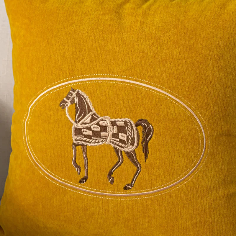 Soft Yellow Cushion Covers With Brown Horse Embroidered on the Front 18in x 18in