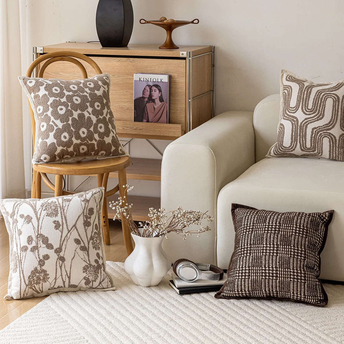Floral & Arty Tufted Embroidered Cushion Covers in Cream & Beige