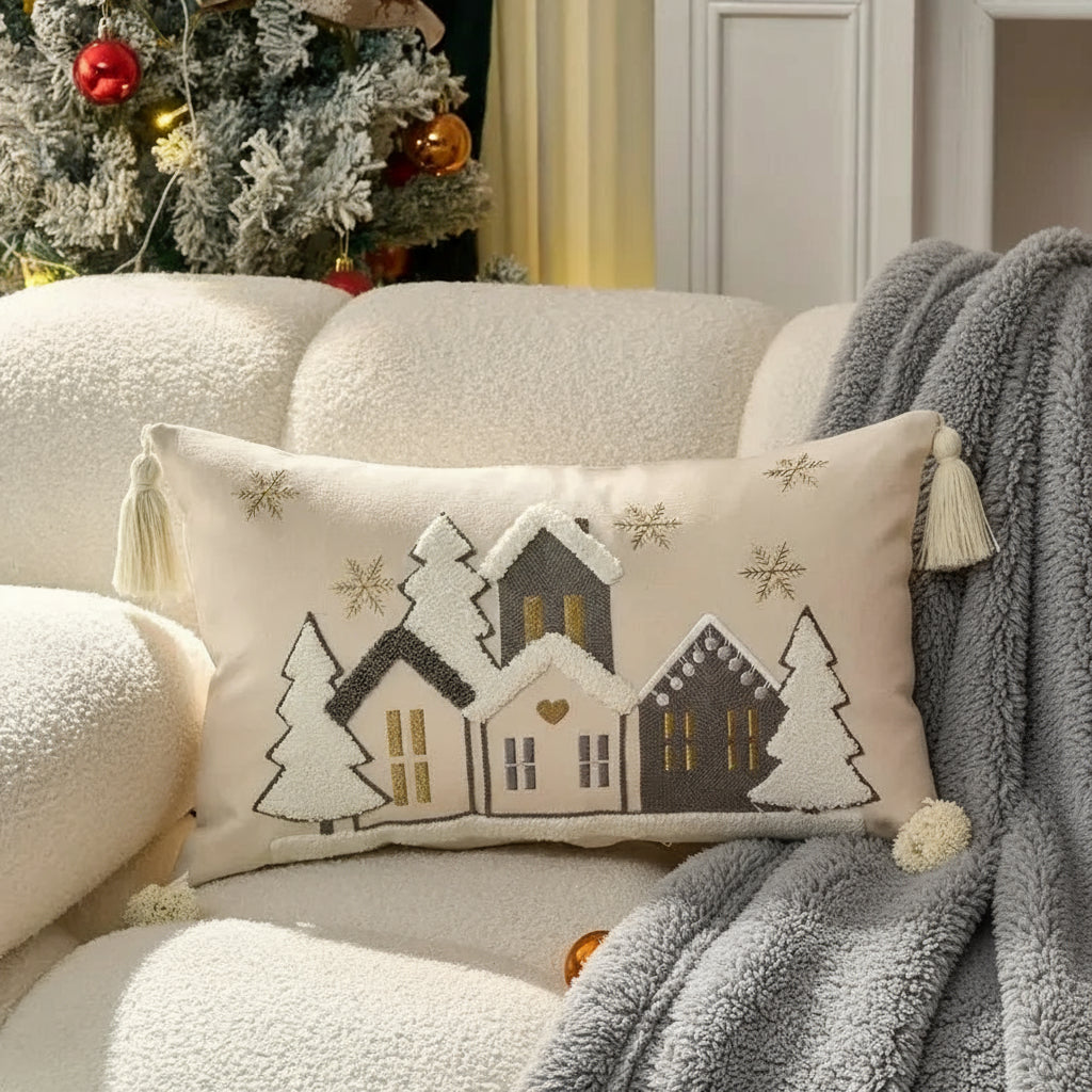 Christmas Village Cushion Covers With Tassles - 12in x 20in