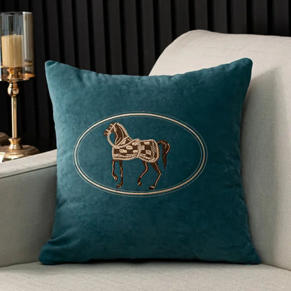 Soft Emerald Cushion Covers With Brown Horse Embroidered on the Front 18in x 18in