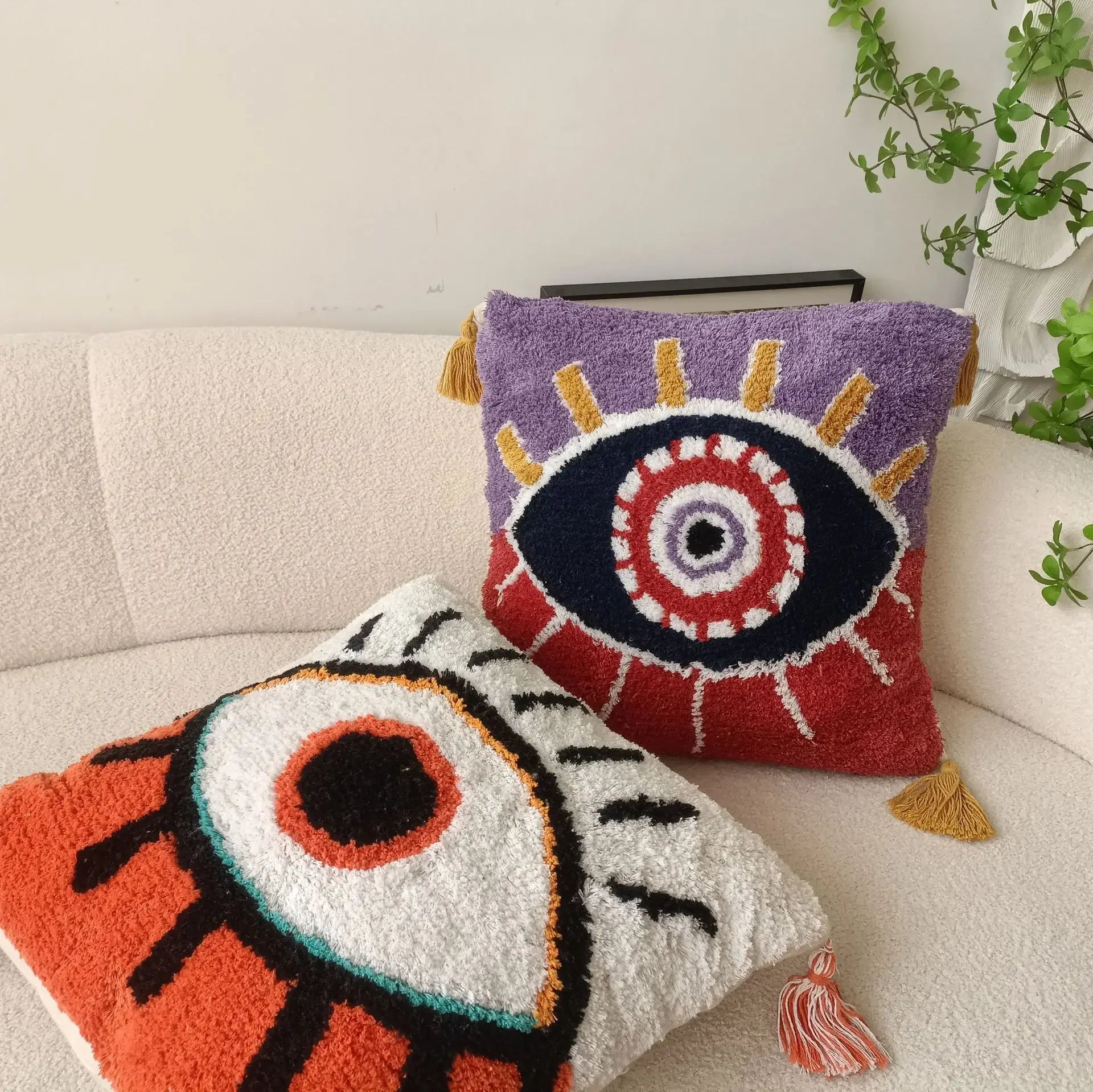 Bright Colour Devil's Eye Tufted Embroidered Cushion Covers With Tassels