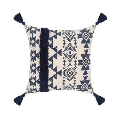 Navy & Cream Ethnic Geometric Print Cushion Covers with Tassles