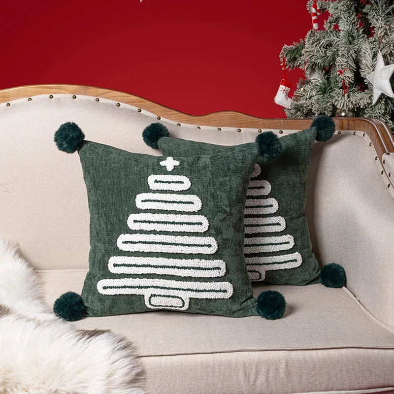 Green Tufted Geometric Christmas Tree Cushion Covers with PomPoms - 18in x 18in
