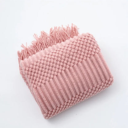 Pink Knitted Blanket / Sofa Throw with Modern Pattern, Texture and Tassels