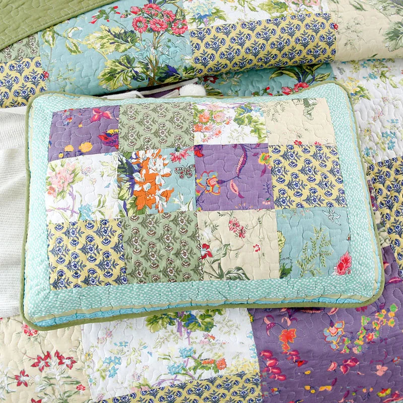 Green Vintage Style Patchwork 100% Cotton 3 Piece Bedspread Set