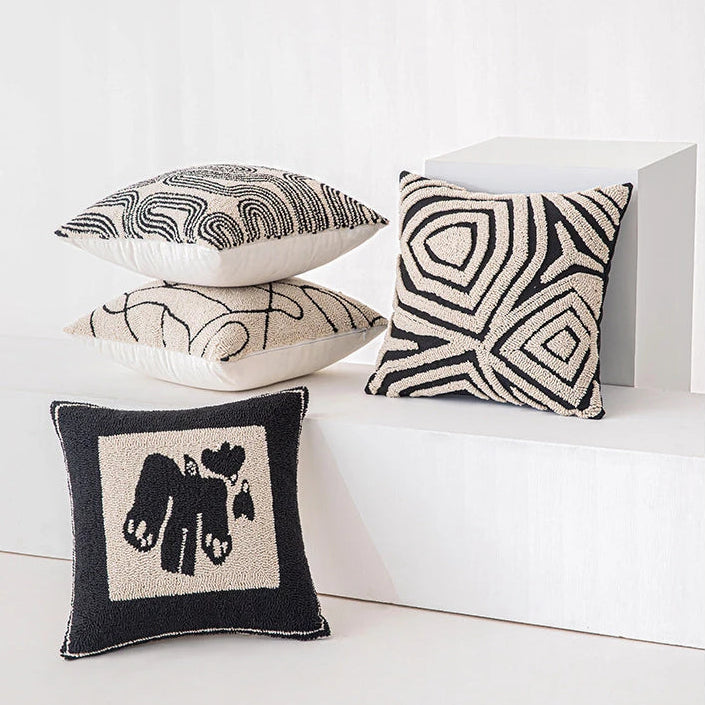 Abstract Art Embroidered Cotton Cushion Covers in Black & Off-White
