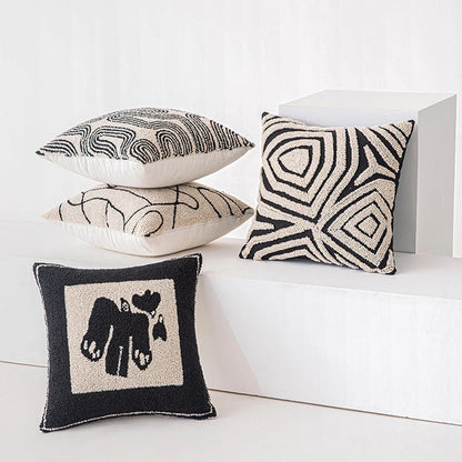 Abstract Art Embroidered Cotton Cushion Covers in Black & Off-White