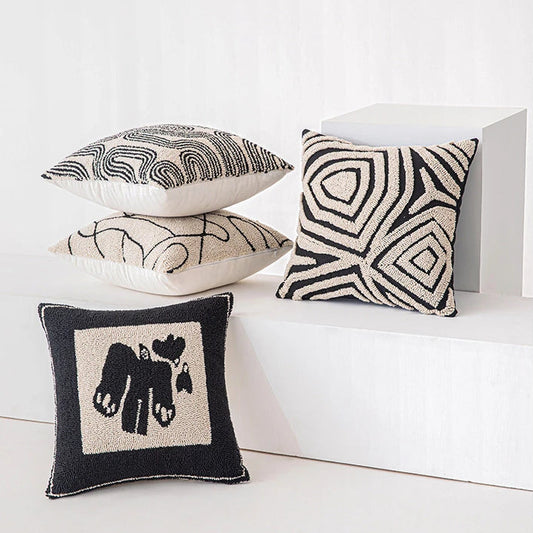 Abstract Art Embroidered Cotton Cushion Covers in Black & Off-White