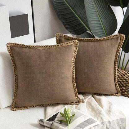 brown Nordic Countryhouse Cushion Covers with Jute Decorated Edging