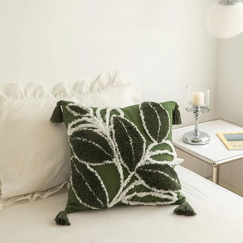 Green Cute Tufted Floral Cushion Covers with Tassels